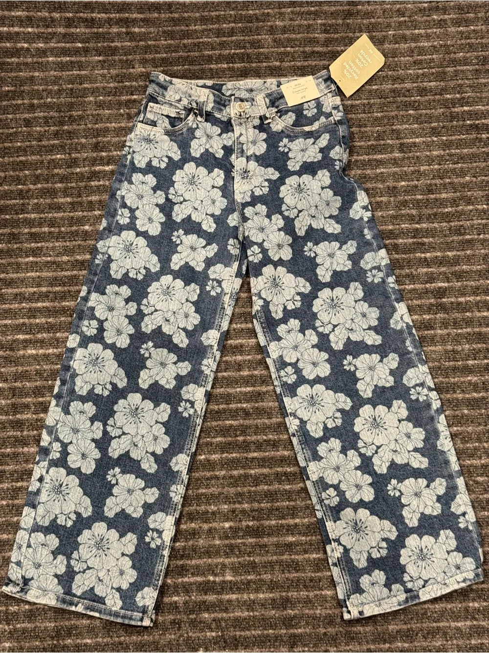 Girls H&M Wide Leg Size 8‎ Blue Denim Jeans Floral Pattern Adjustable Waist NWT